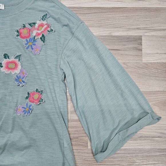 UMGEE Womens Pastel Green Floral Patch Wide Flowy Sleeve Knot Cotton Shirt Small - Picture 4 of 9